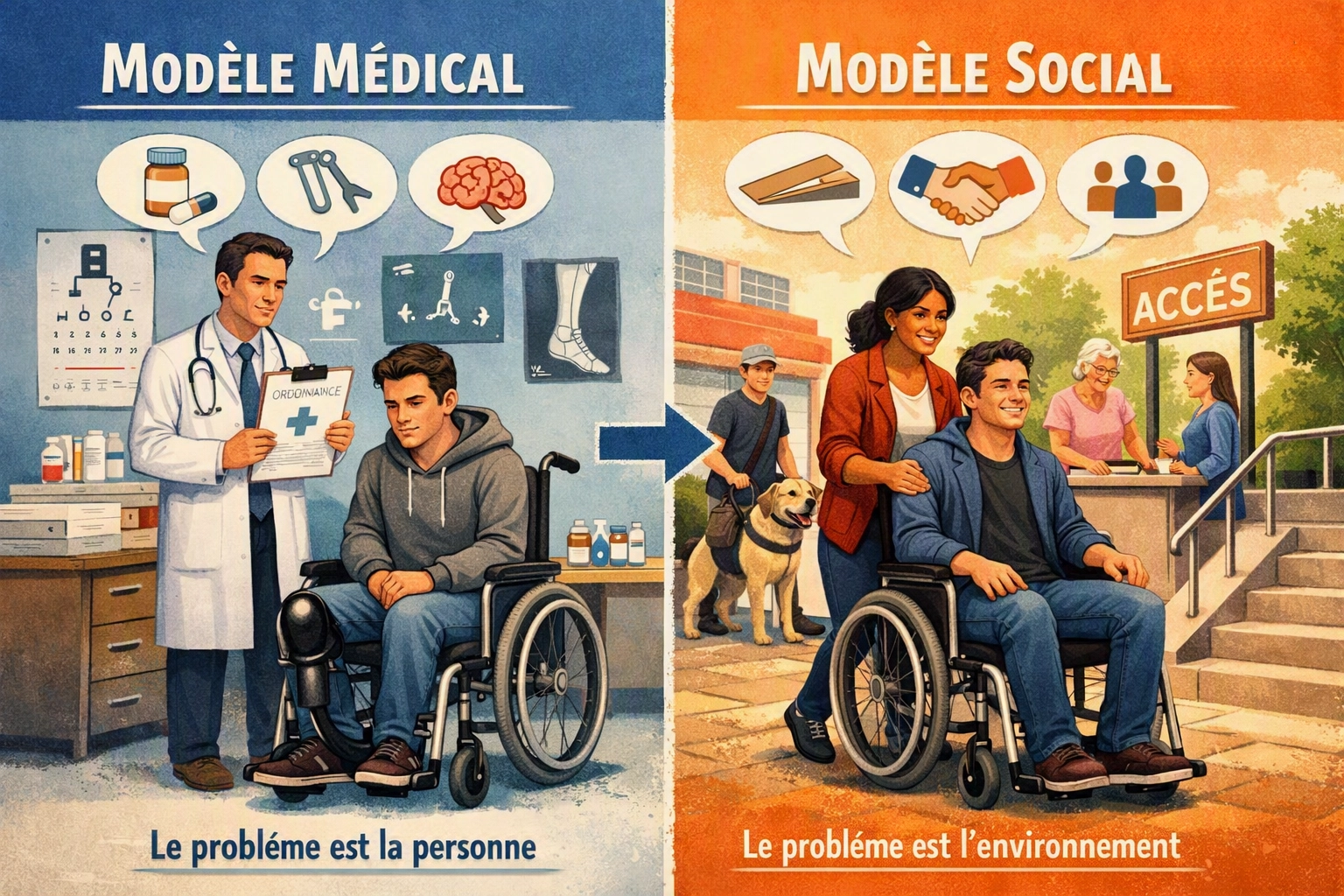 Comparaison visuelle entre le modèle médical et le modèle social du handicap