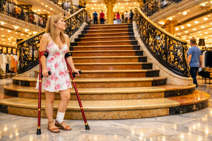 Personne en fauteuil roulant devant un escalier, illustrant les barrières environnementales