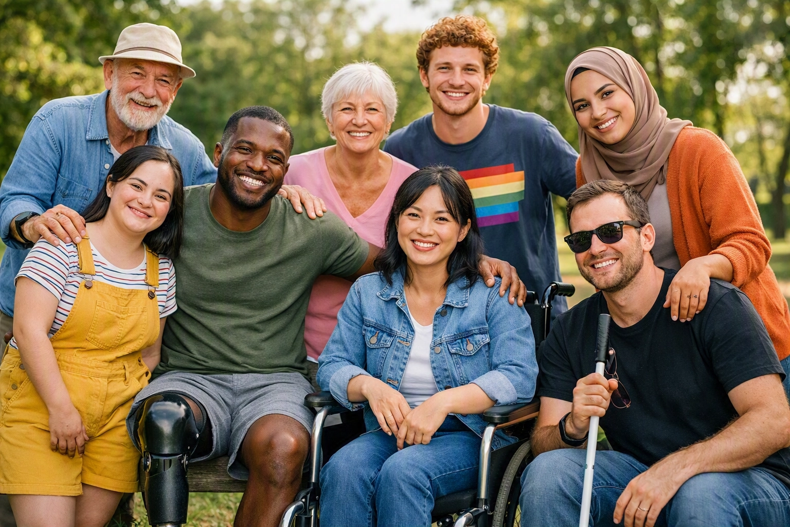 Groupe de personnes diverses symbolisant l'inclusion sociale et le modèle social du handicap