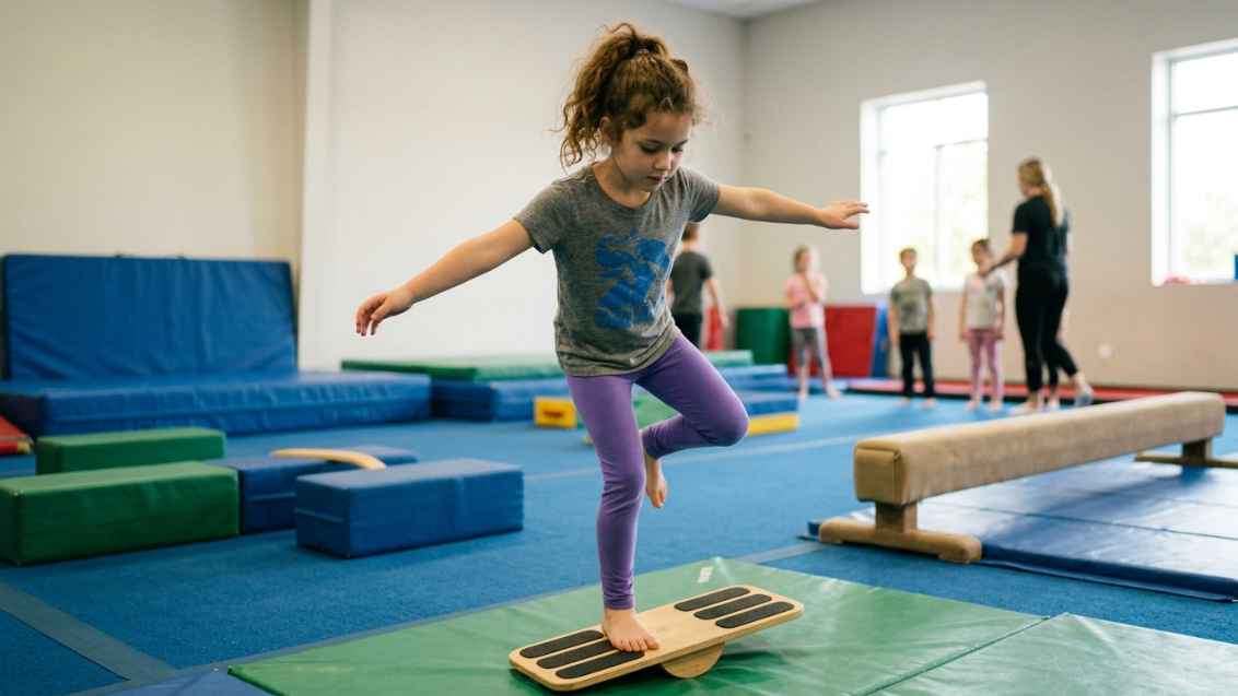 Petite fille en équilibre sur une planche dans une salle de sport adaptée, bras écartés