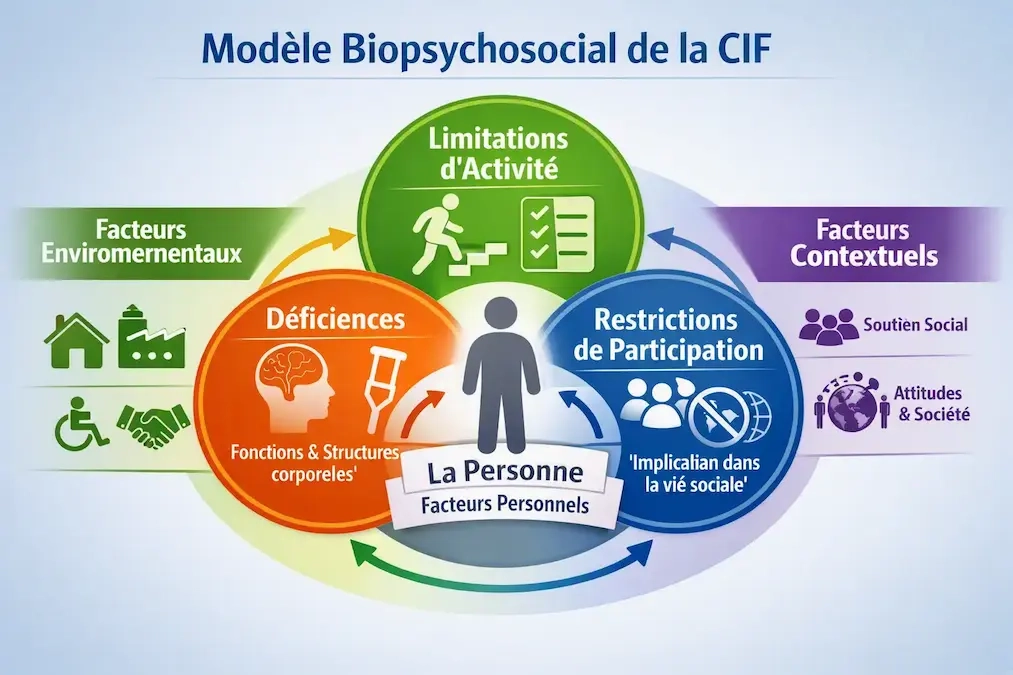 Illustration du modèle biopsychosocial de la CIF montrant l'interaction entre la personne et son environnement