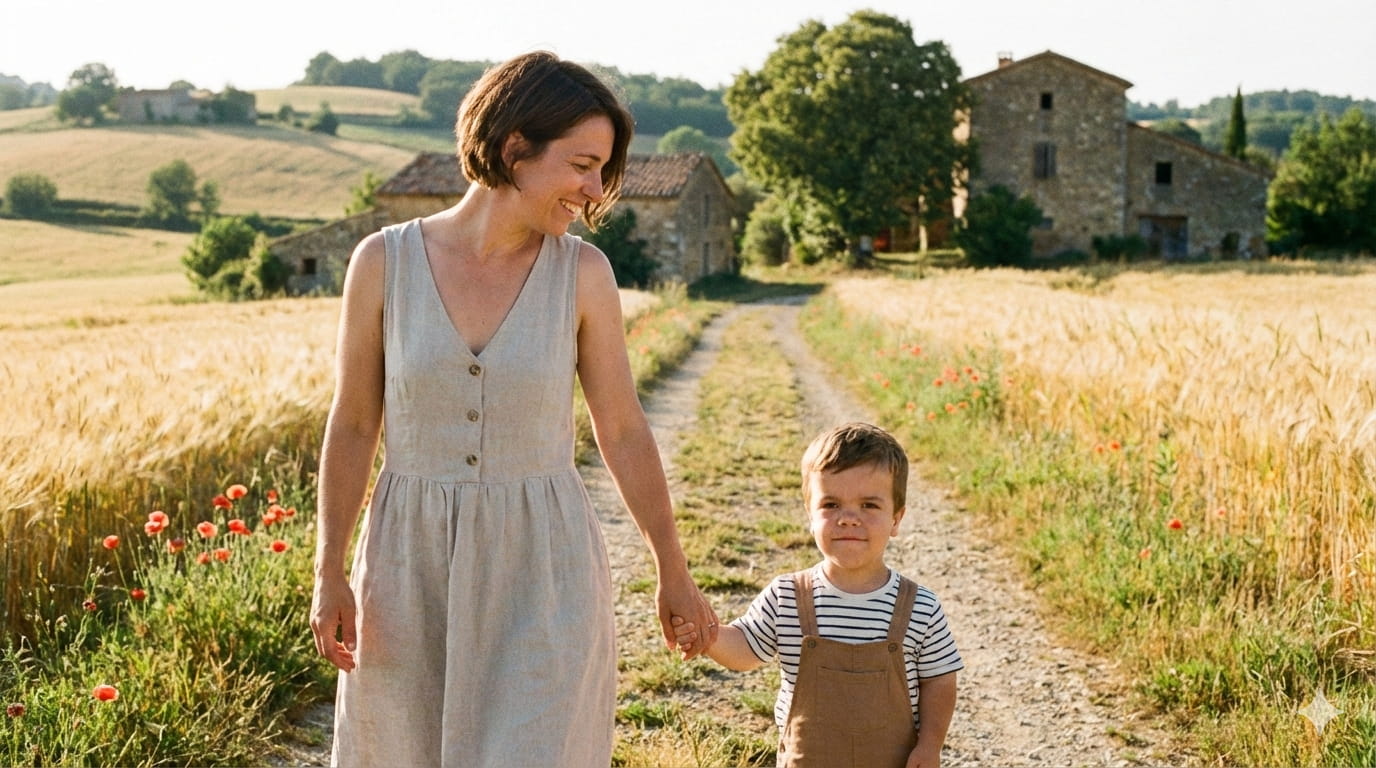 Une maman tenant par la main un enfant de petite taille