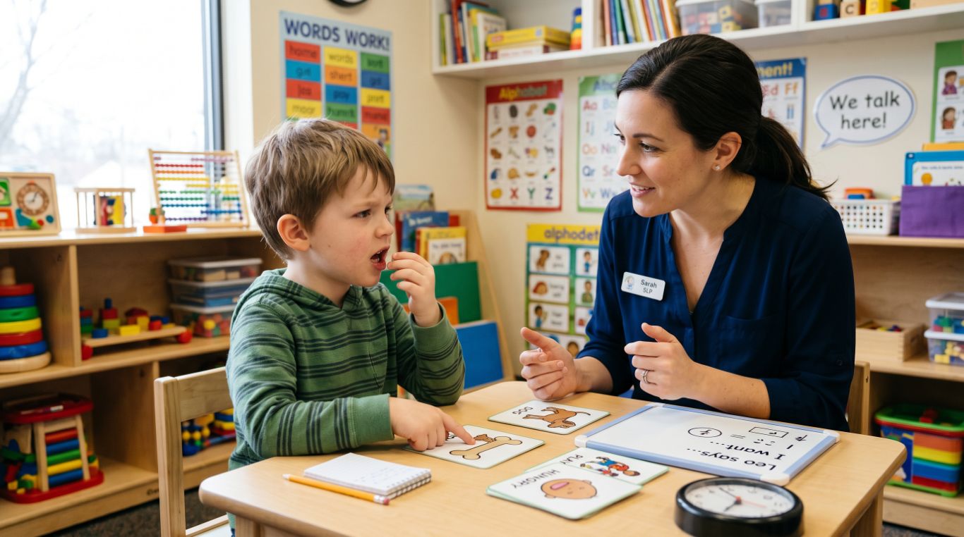 Séance d'orthophonie : un enfant travaille la parole avec une thérapeute autour de cartes illustrées