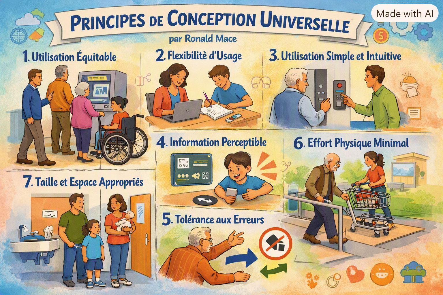 Illustration des 7 principes de la conception universelle de Ronald Mace