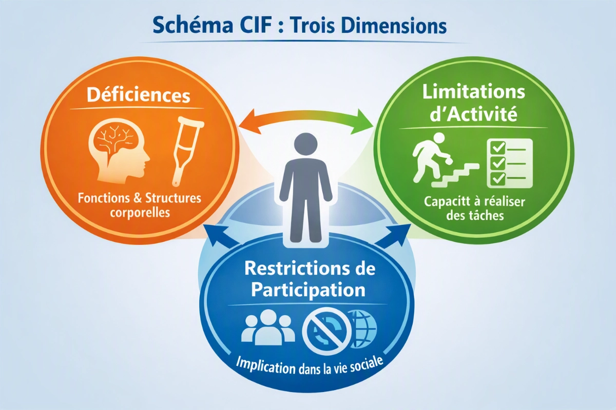 Schéma illustrant les trois dimensions de la CIF : déficiences, limitations d'activité et restrictions de participation