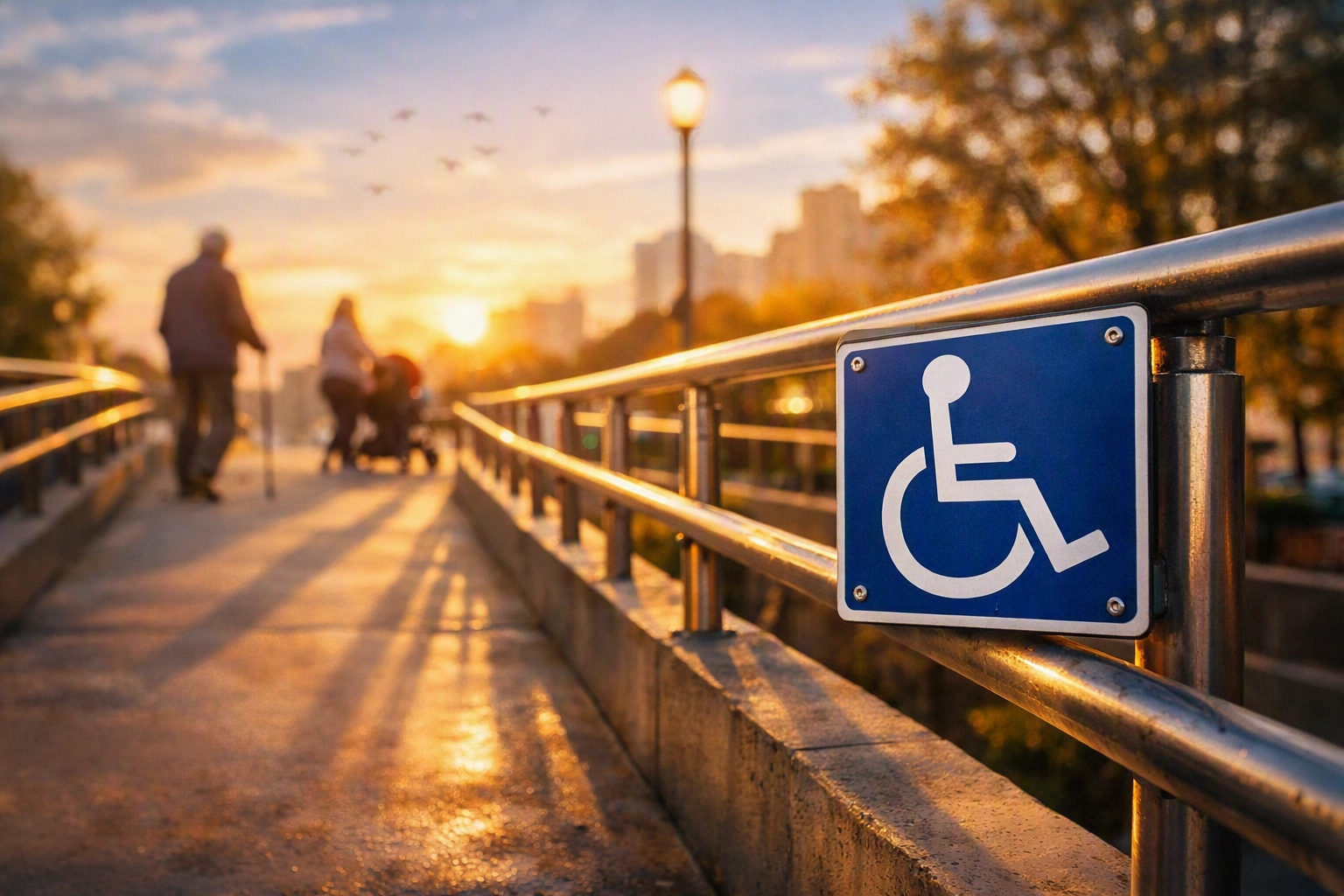 Symbole international d'accessibilité sur une rampe, illustrant l'accès pour tous